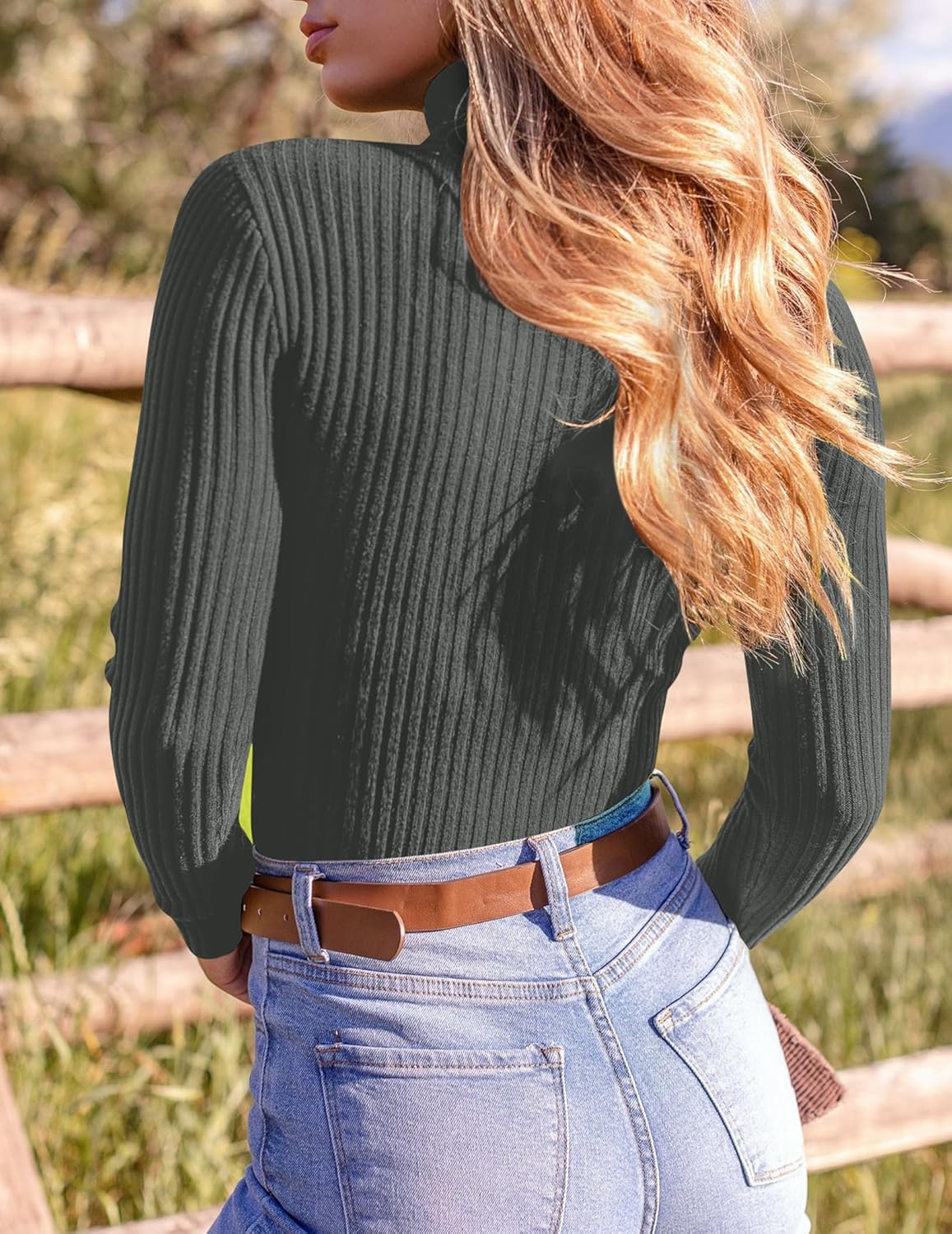 Ribbed mock turtleneck long-sleeve knit top, dark gray, side view