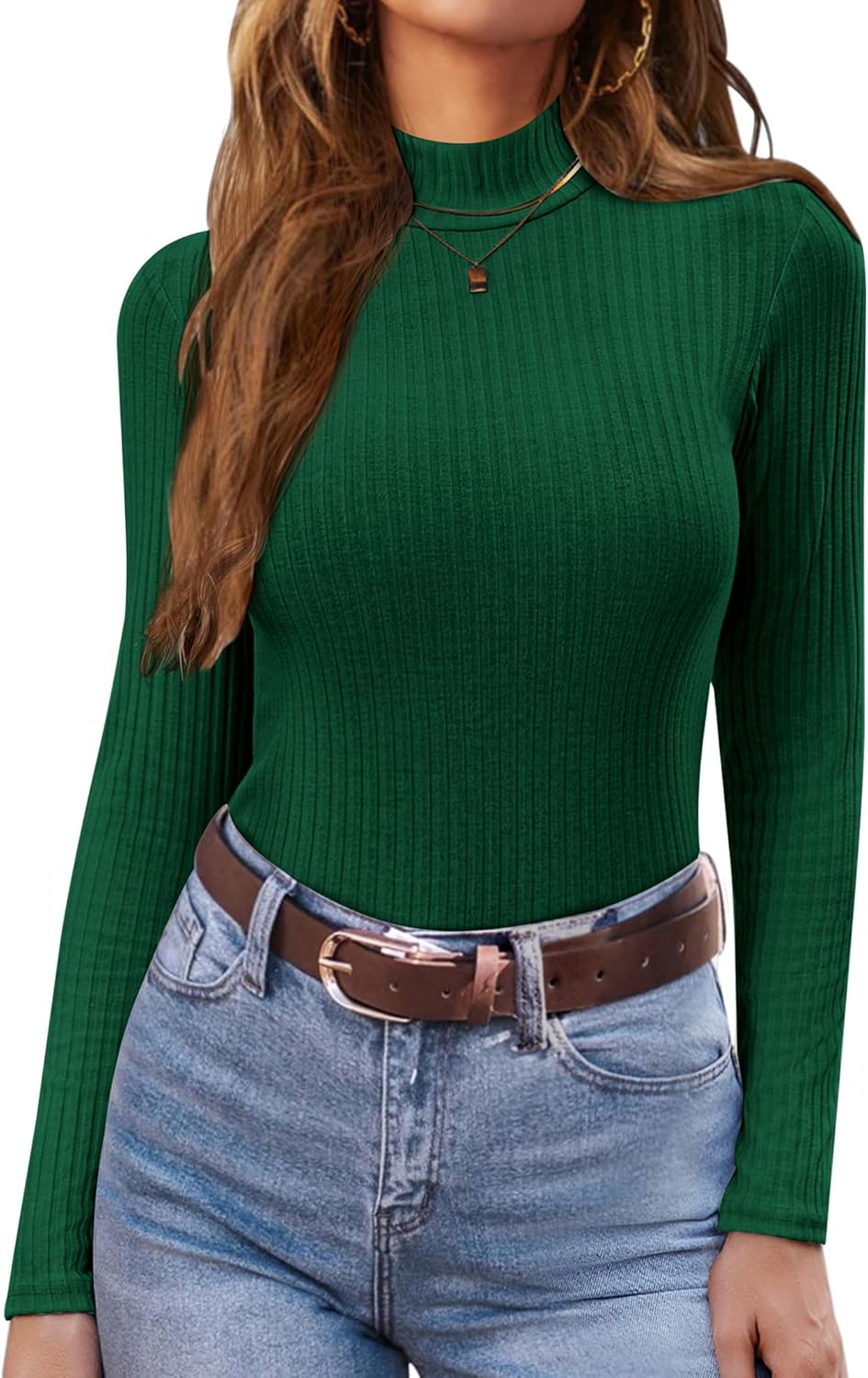 Ribbed mock turtleneck long-sleeve knit top, green