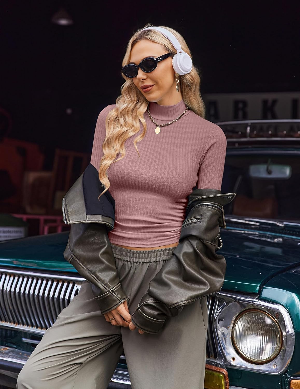 Mock turtleneck ribbed knit long-sleeve top in dusty pink