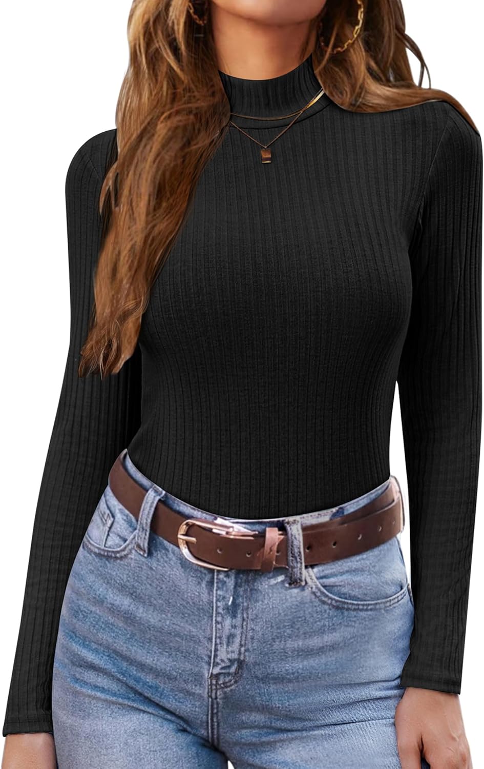 Mock turtleneck ribbed knit long-sleeve top in black
