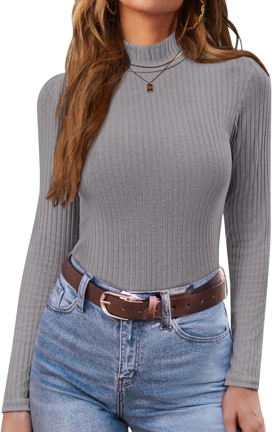 Ribbed mock turtleneck long-sleeve knit top, light gray