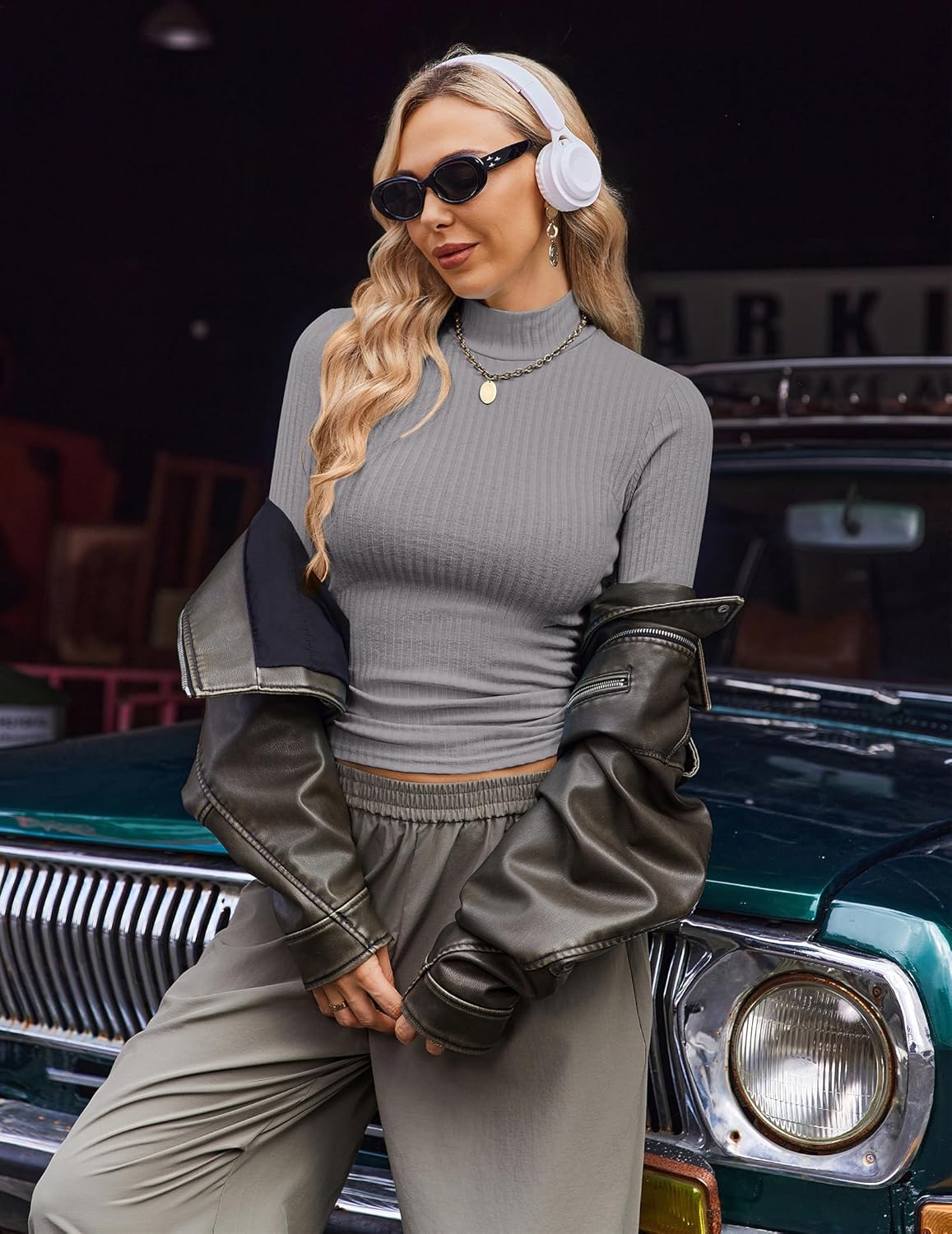 Light gray ribbed long-sleeve mock turtleneck knit top