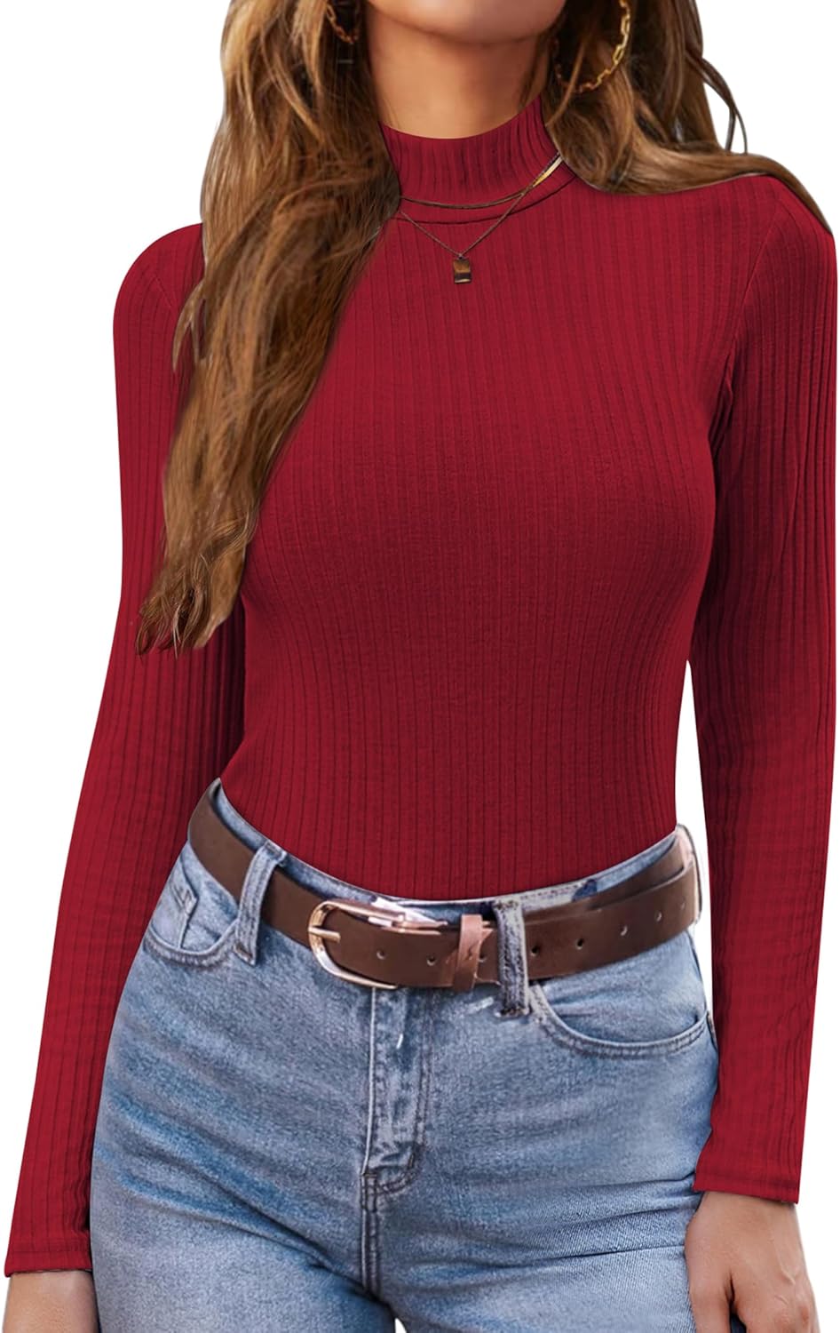 Red ribbed mock turtleneck long sleeve knit top