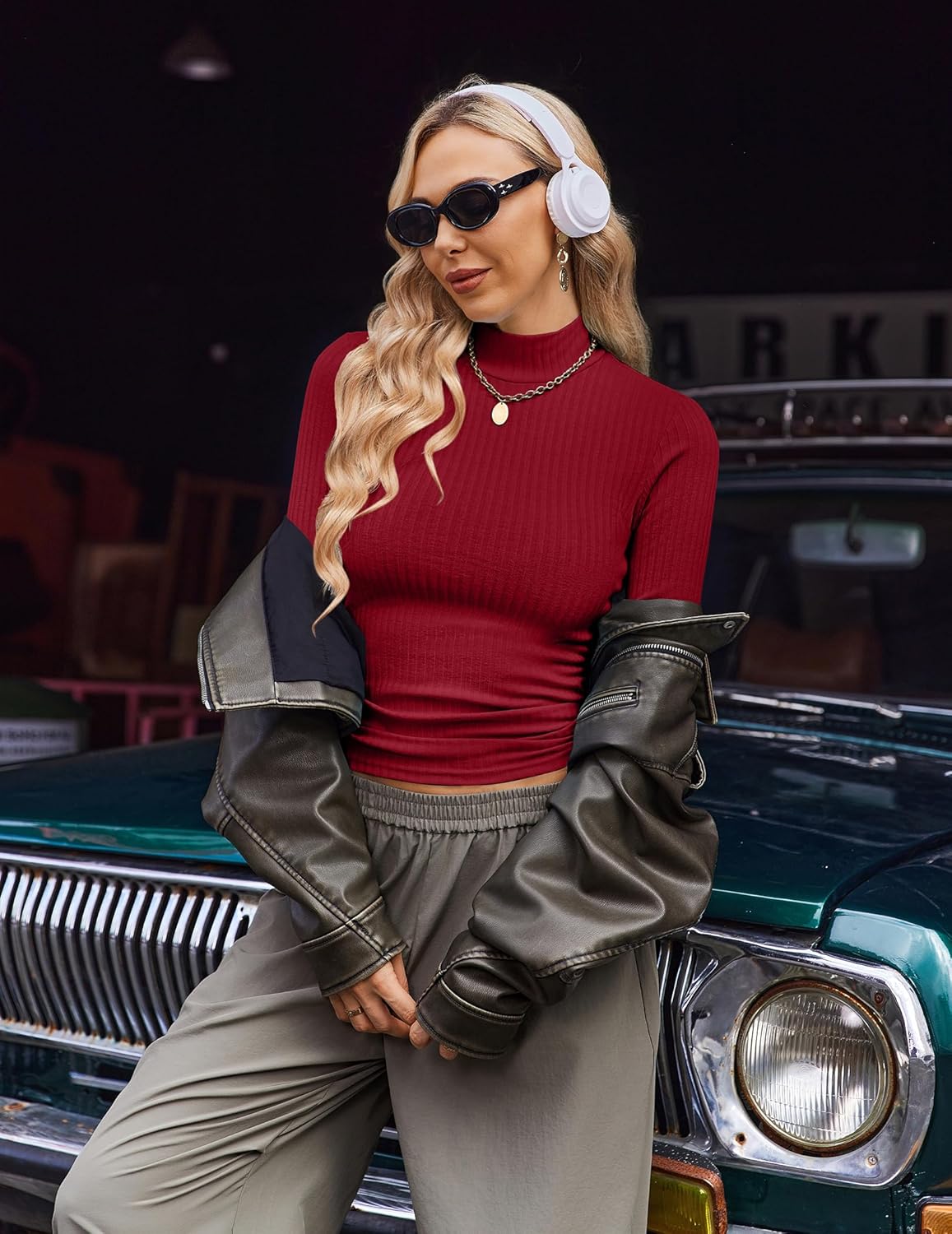 Deep red ribbed mock turtleneck long sleeve knit top
