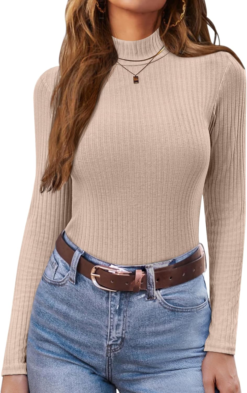 Beige ribbed mock turtleneck long sleeve fitted knit top
