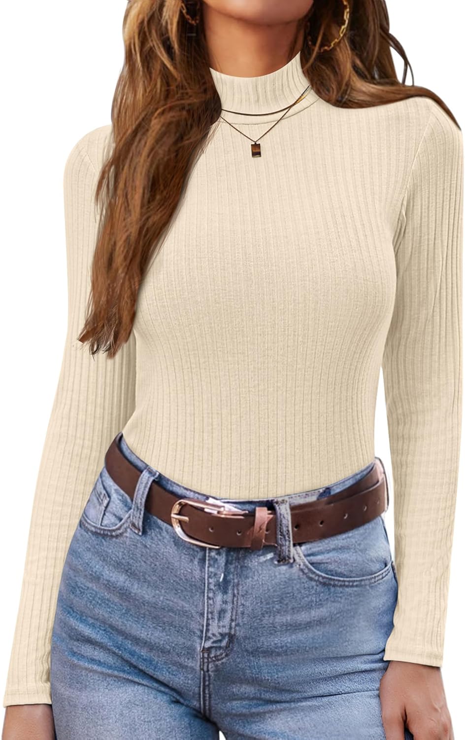 Light beige ribbed mock turtleneck long sleeve fitted knit top