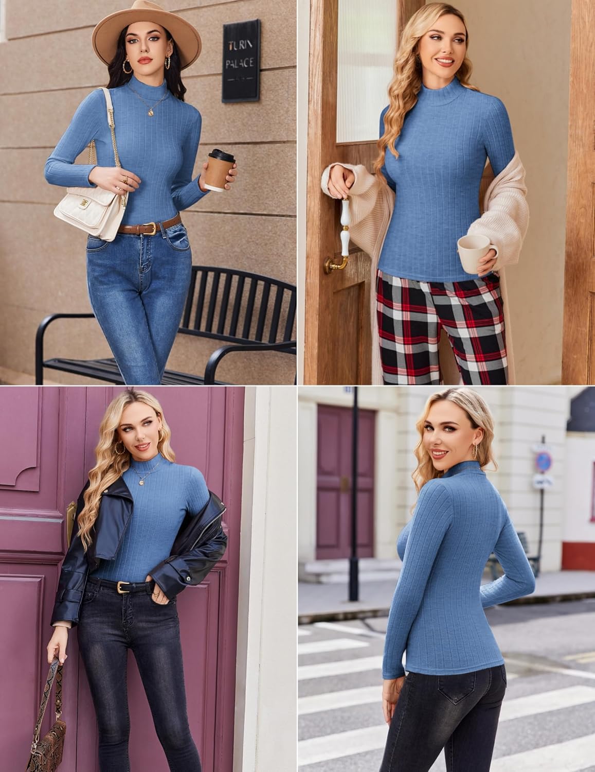 Blue ribbed mock turtleneck long sleeve shirt