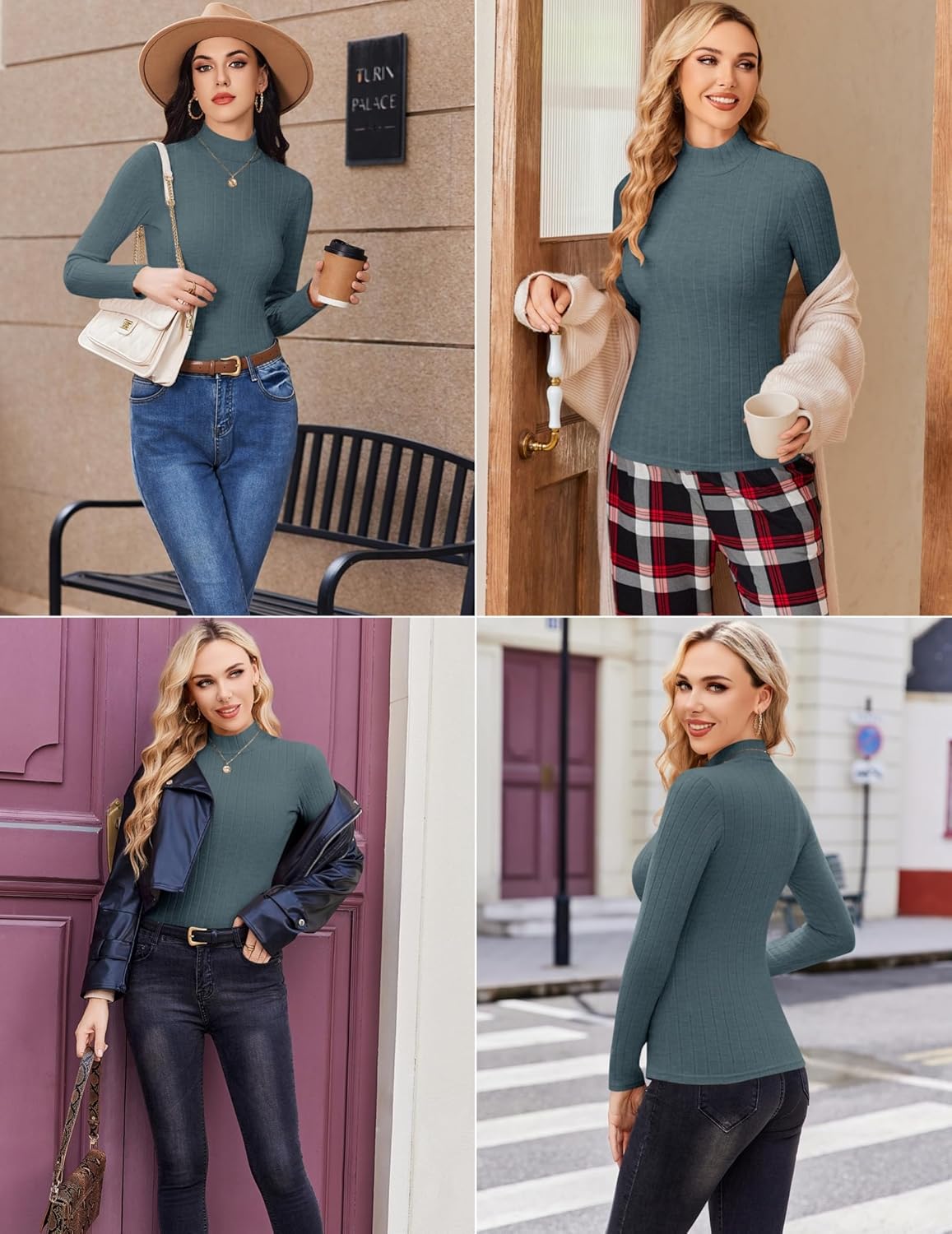 Blue-green ribbed long-sleeve mock turtleneck top, close neckline