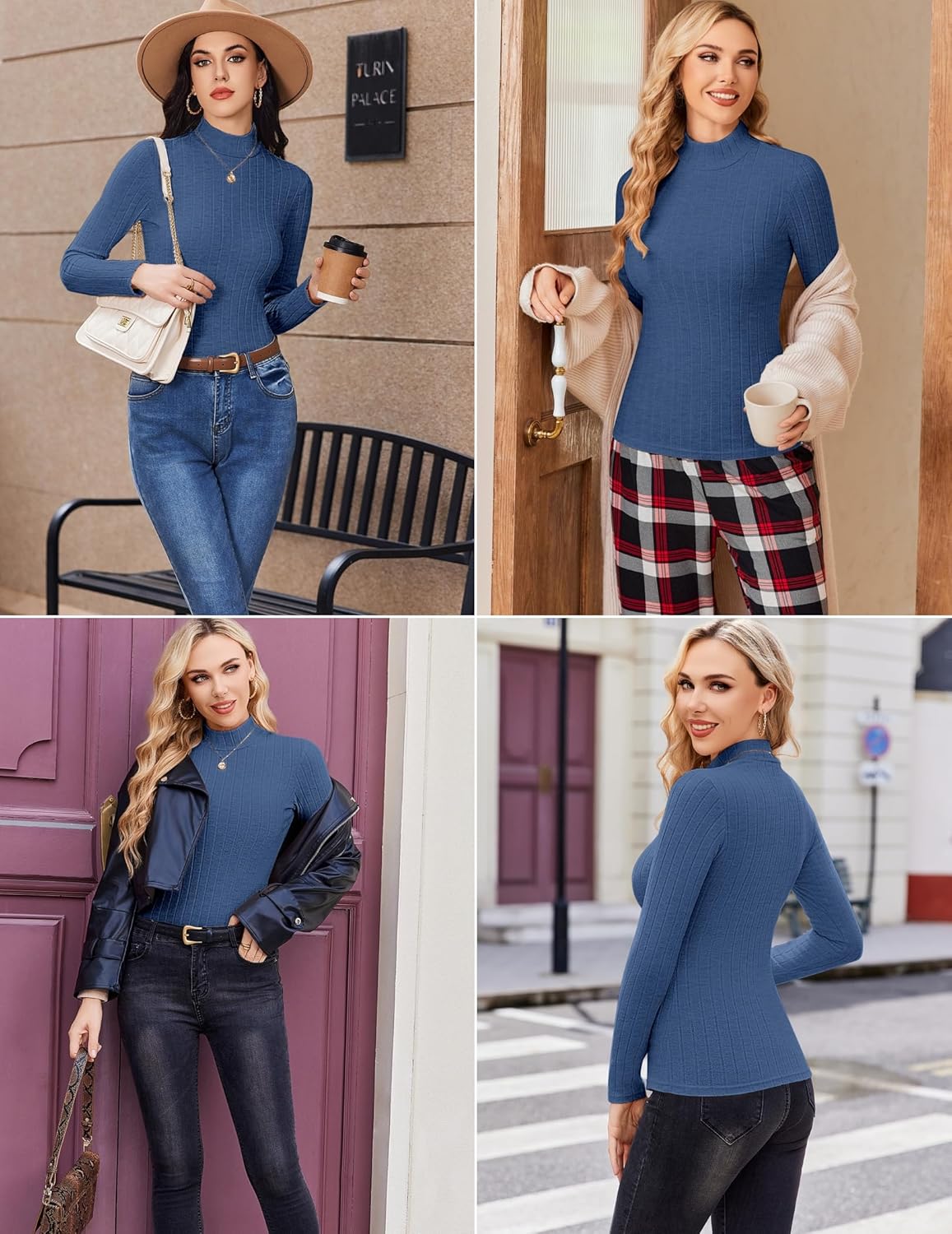 Blue ribbed mock turtleneck long sleeve top