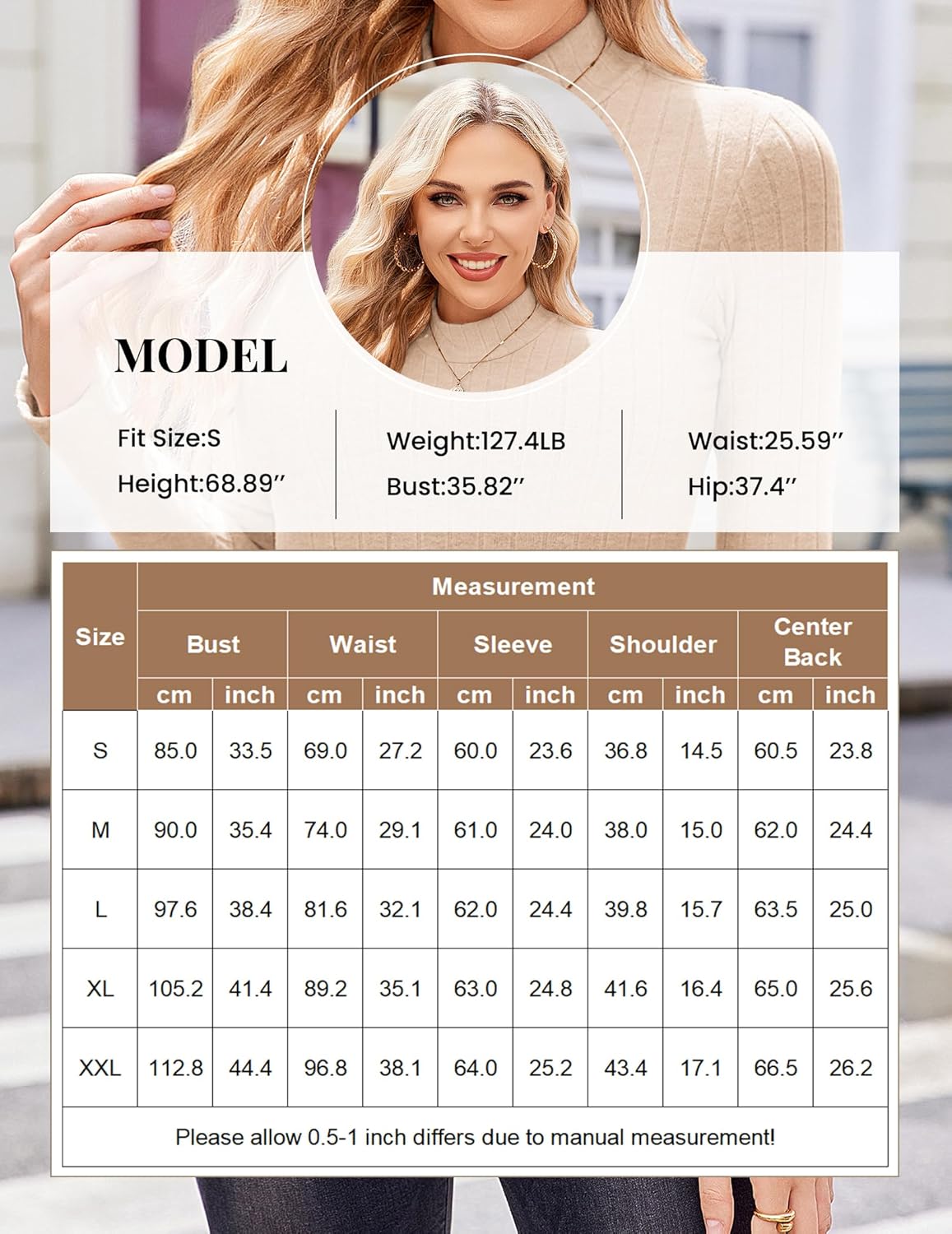 Size and measurement chart for mock turtleneck long sleeve ribbed tops