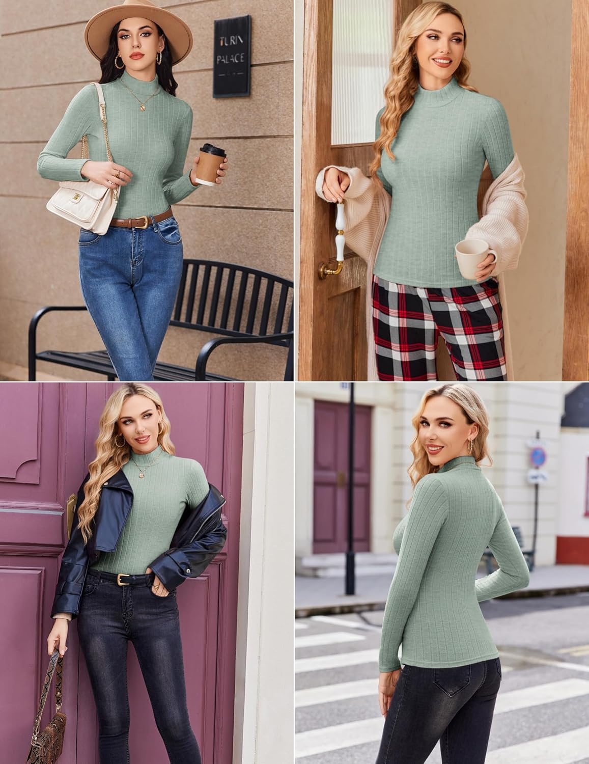 Olive-green ribbed mock turtleneck long-sleeve top, straight hem