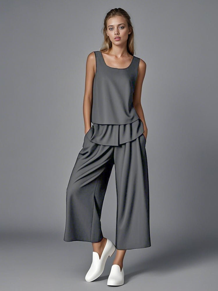 Dark gray tank top and wide-leg pants set, layered flounced hem