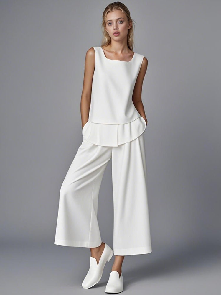 White tank top and wide-leg pants set with layered flounced hem