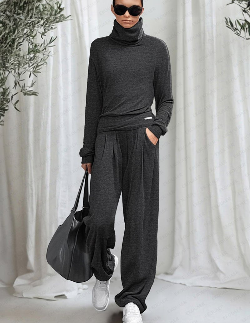 Grey cotton lounge set with high neck long-sleeve top and draped wide pants