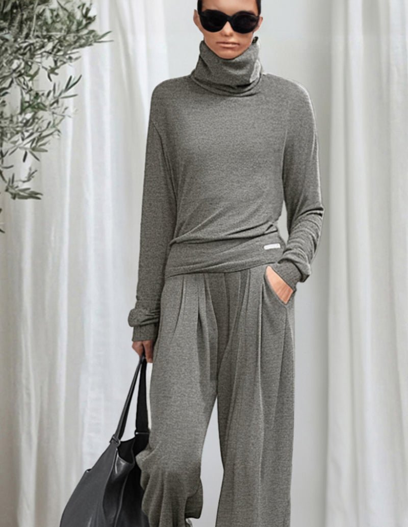 Grey cotton lounge set with turtleneck top and wide-leg pants, side view