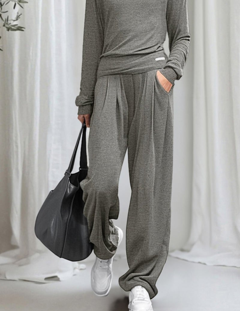 Grey cotton lounge set close-up of turtleneck top and wide-leg pants