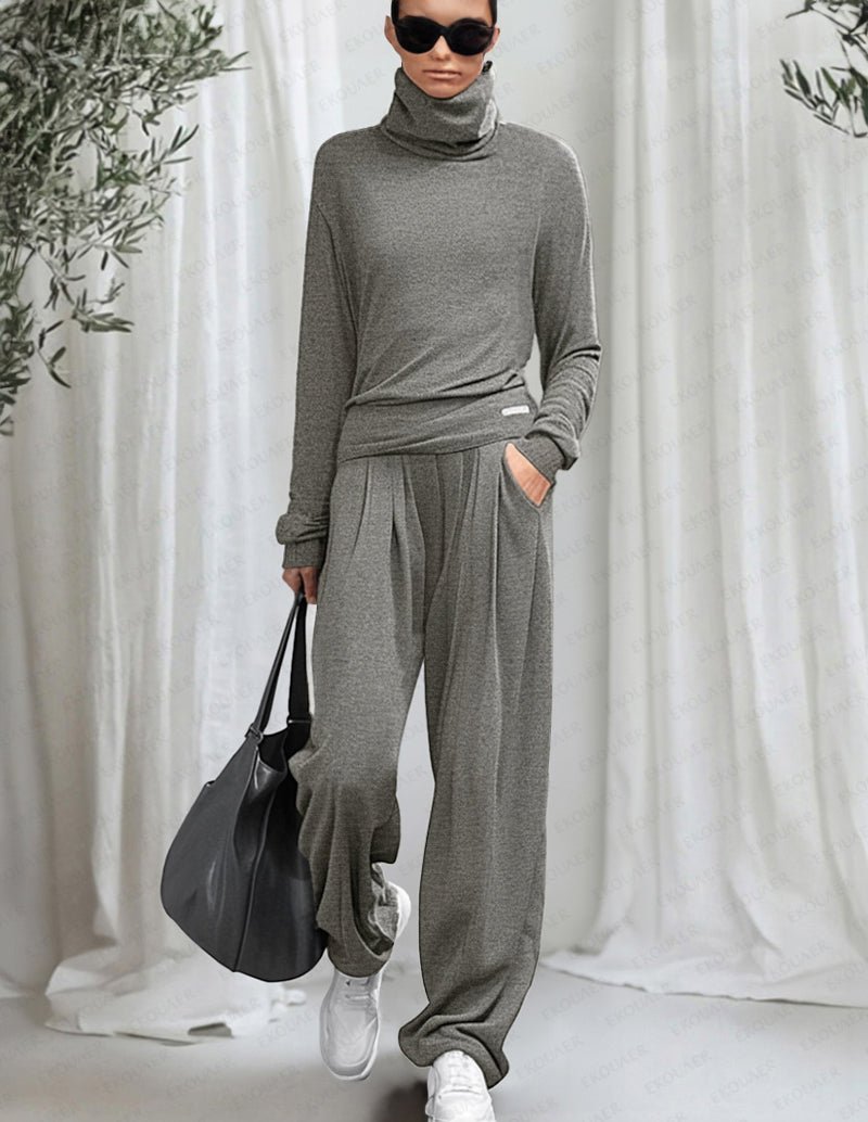 Grey cotton lounge set with long-sleeve turtleneck top and wide-leg pants