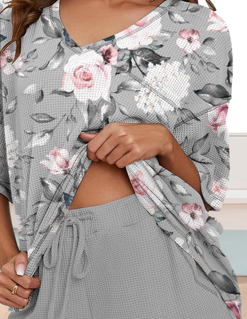 Gray waffle lounge set, floral print V-neck top and drawstring shorts