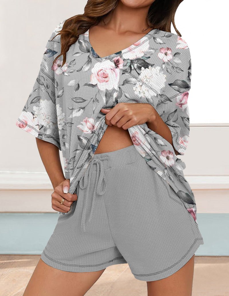 Gray waffle lounge set with floral print V-neck top and drawstring shorts