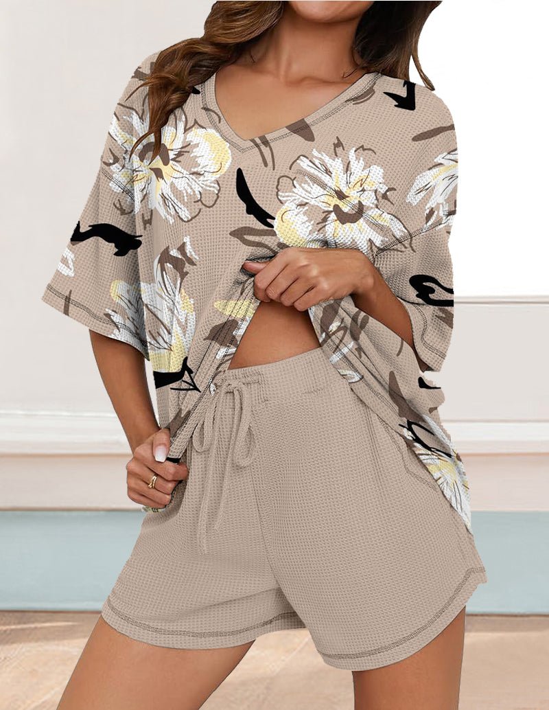 Khaki waffle lounge set with floral and bird print V-neck top and drawstring shorts