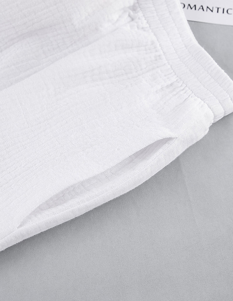 White cotton lounge set shorts with side seam and softly draped hem