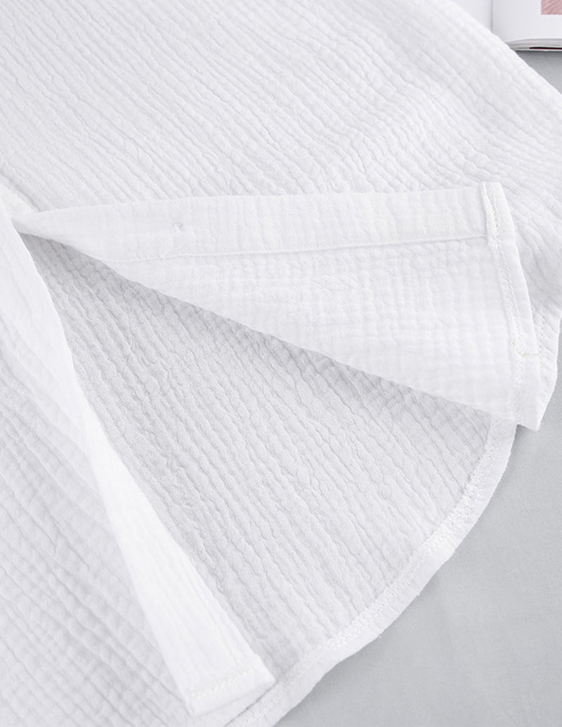 White cotton lounge set top with crinkled texture and pleated hem