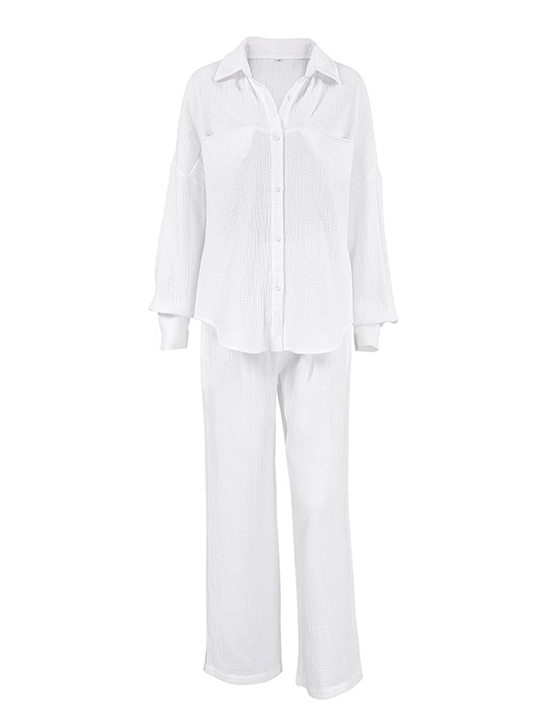 White cotton 2-piece lounge set with button-front shirt and wide-leg pants