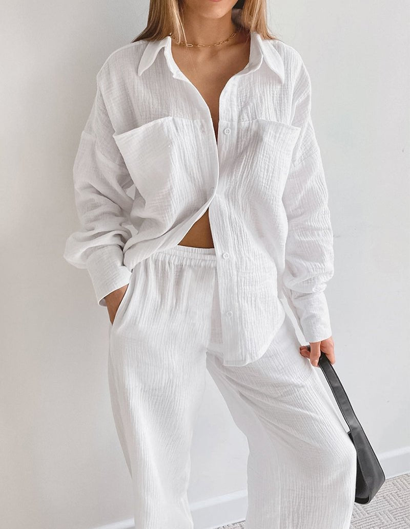 White cotton lounge set, button-front shirt and matching drawstring waist pants