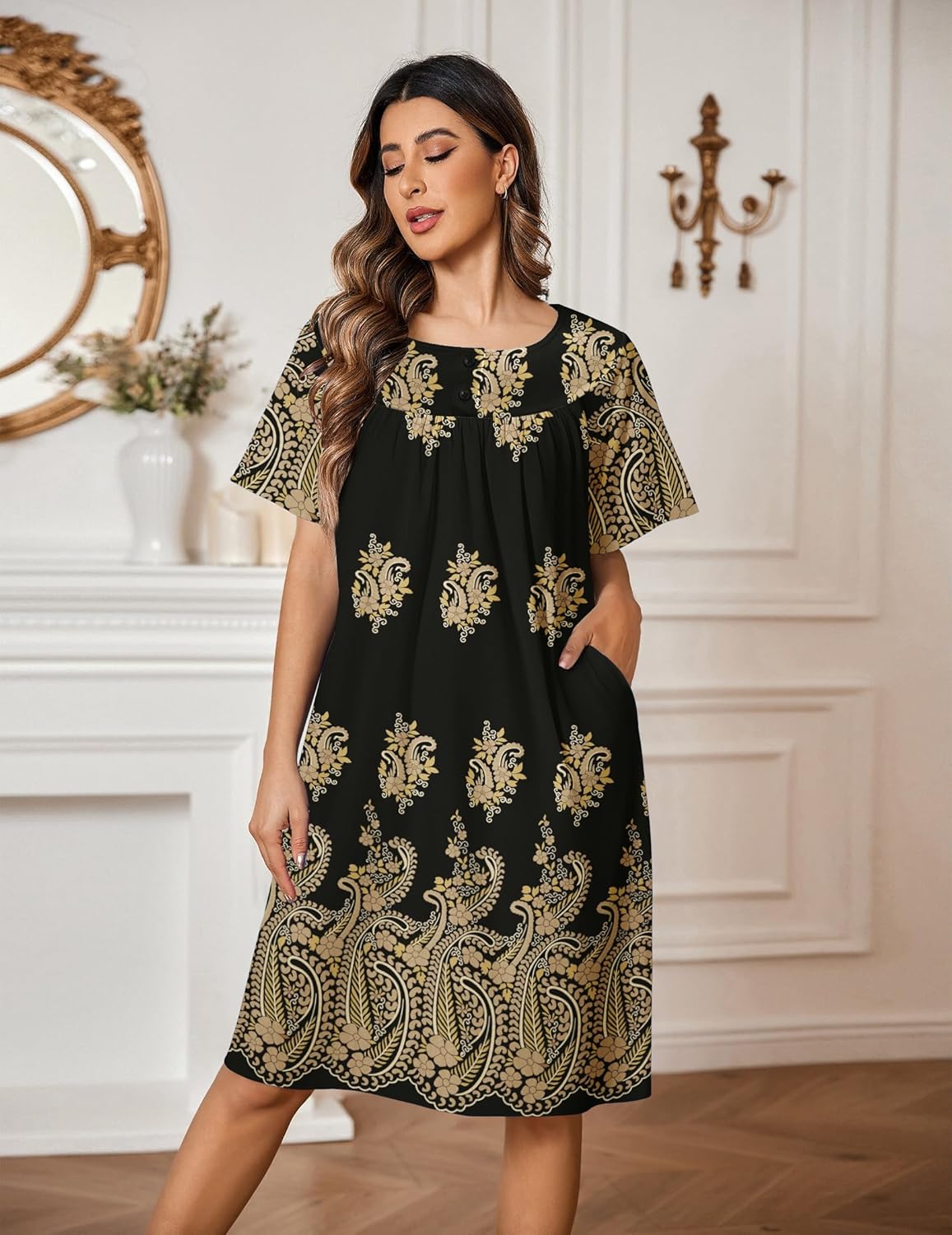 Ekouaer Moo Moos Button House Dresses Black Hobo / 3XL