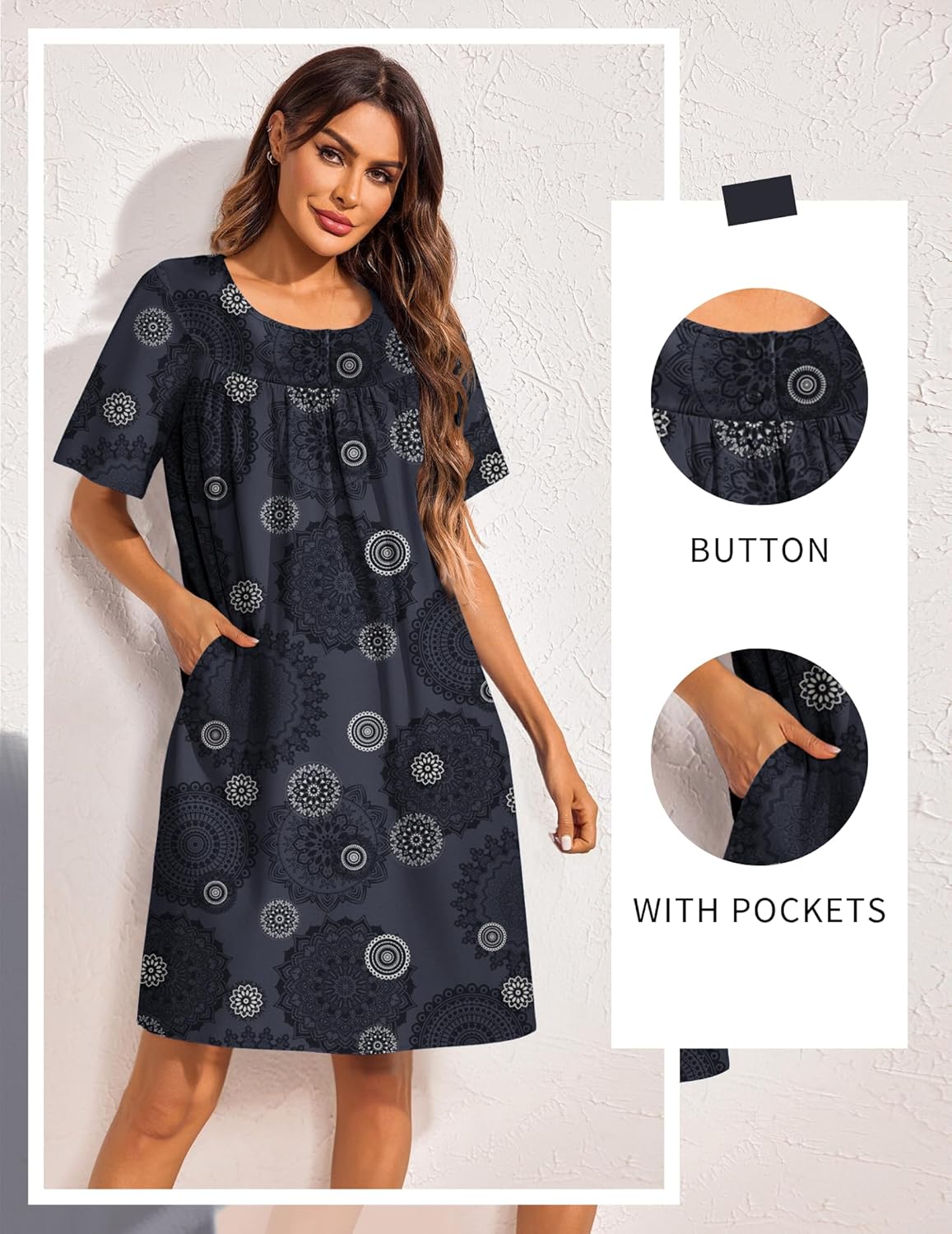 Navy patterned house dress with button front, short sleeves and side pockets, knee length