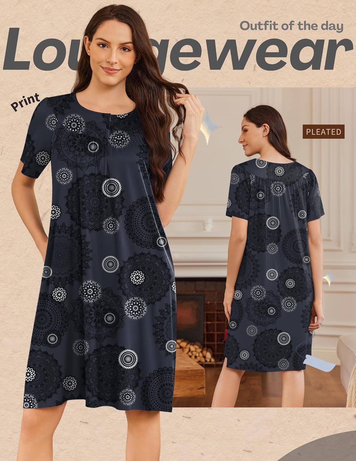 Navy printed house dress with gathered button neckline and short sleeves, knee length