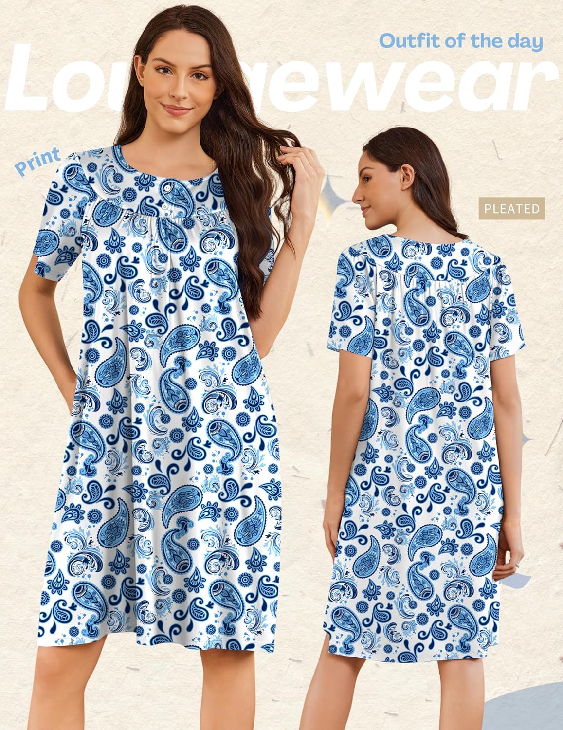 Light blue paisley house dress with gathered button neckline and short sleeves, knee length