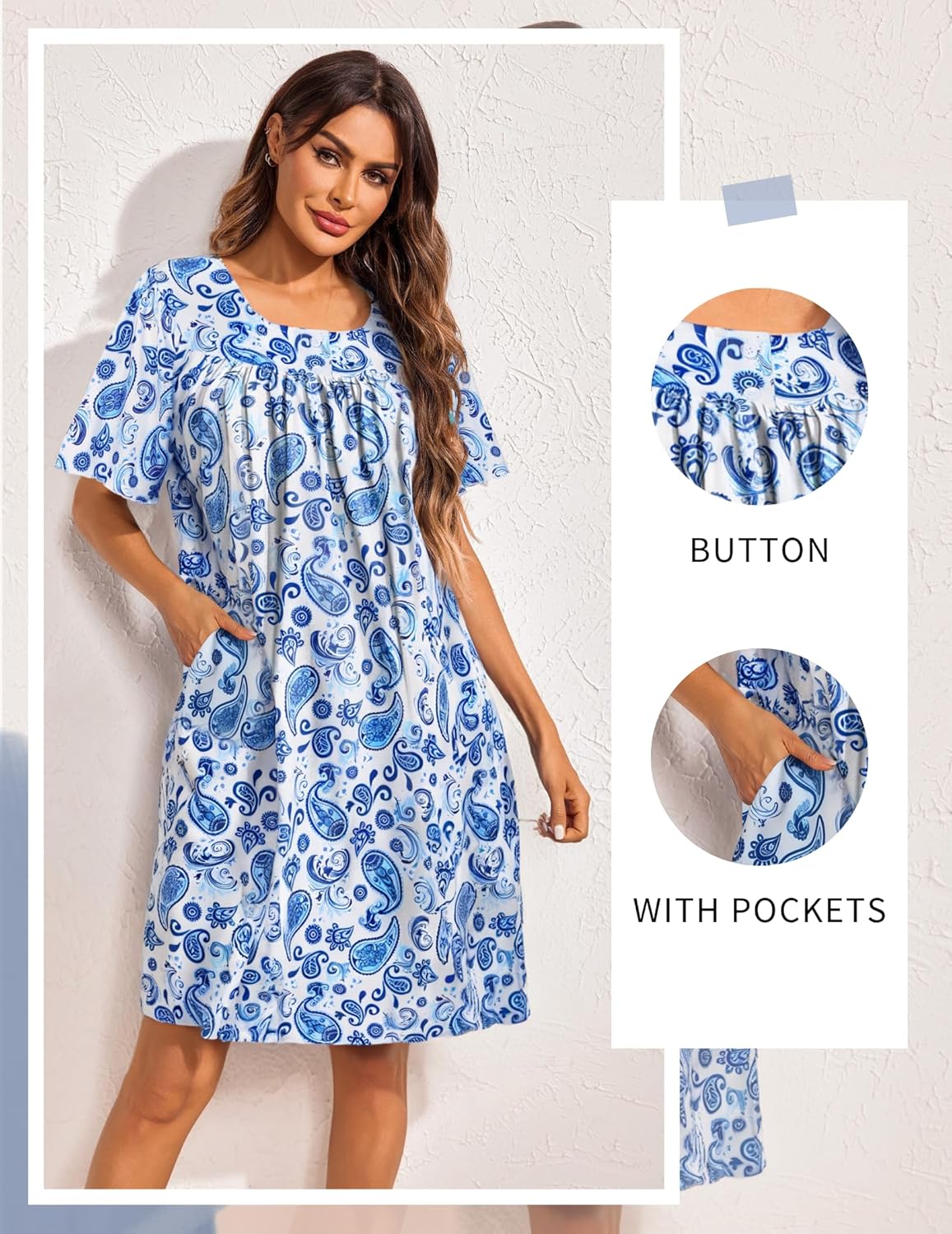 Light blue paisley house dress with button front, short sleeves and side pockets, knee length