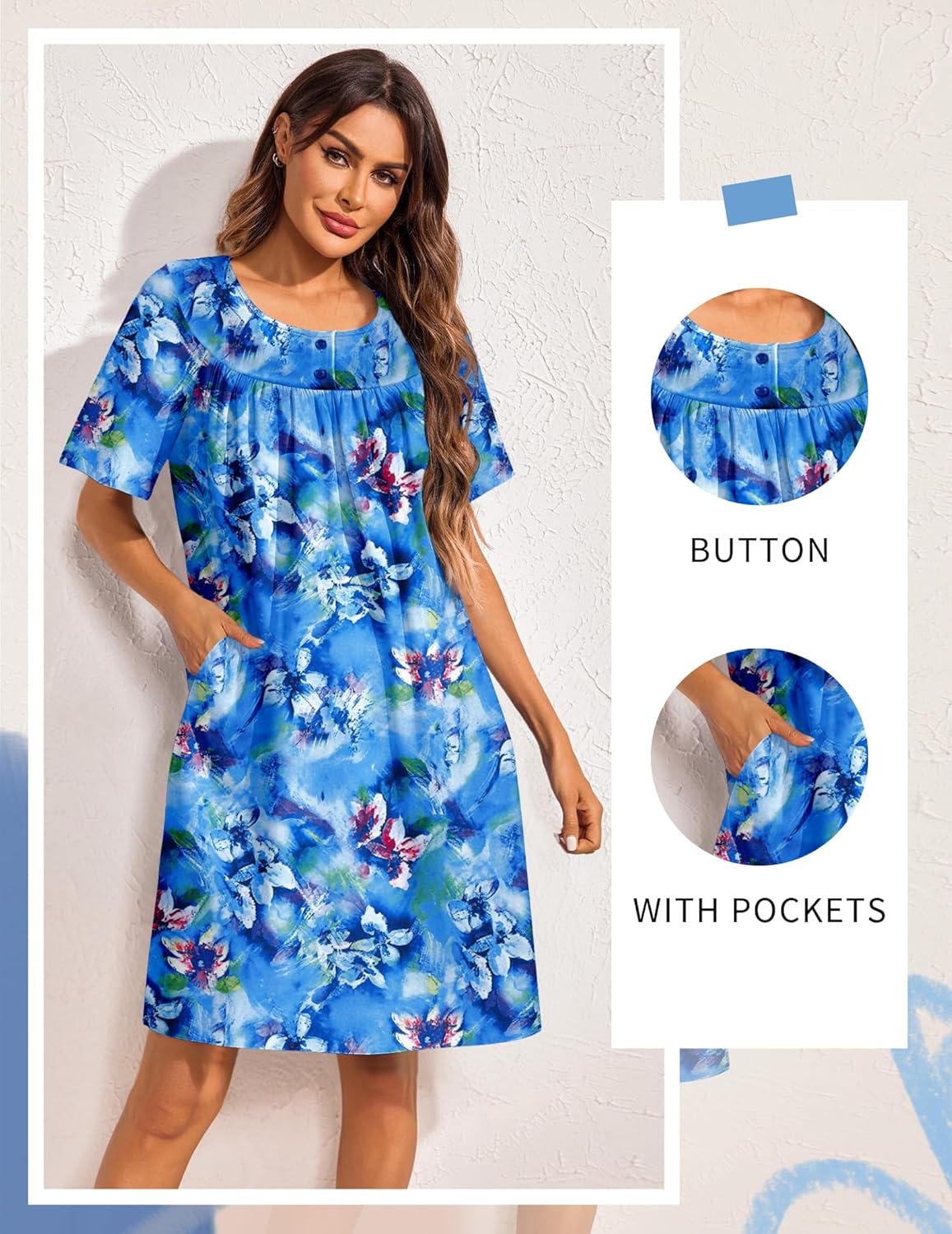 Blue floral button-front house dress with gathered yoke, short sleeves, side pockets.