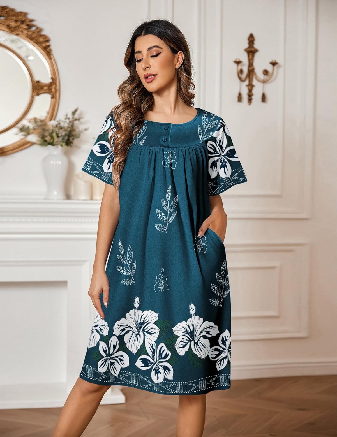 Ekouaer Moo Moos Button House Dresses Blue Green Flower / XXL