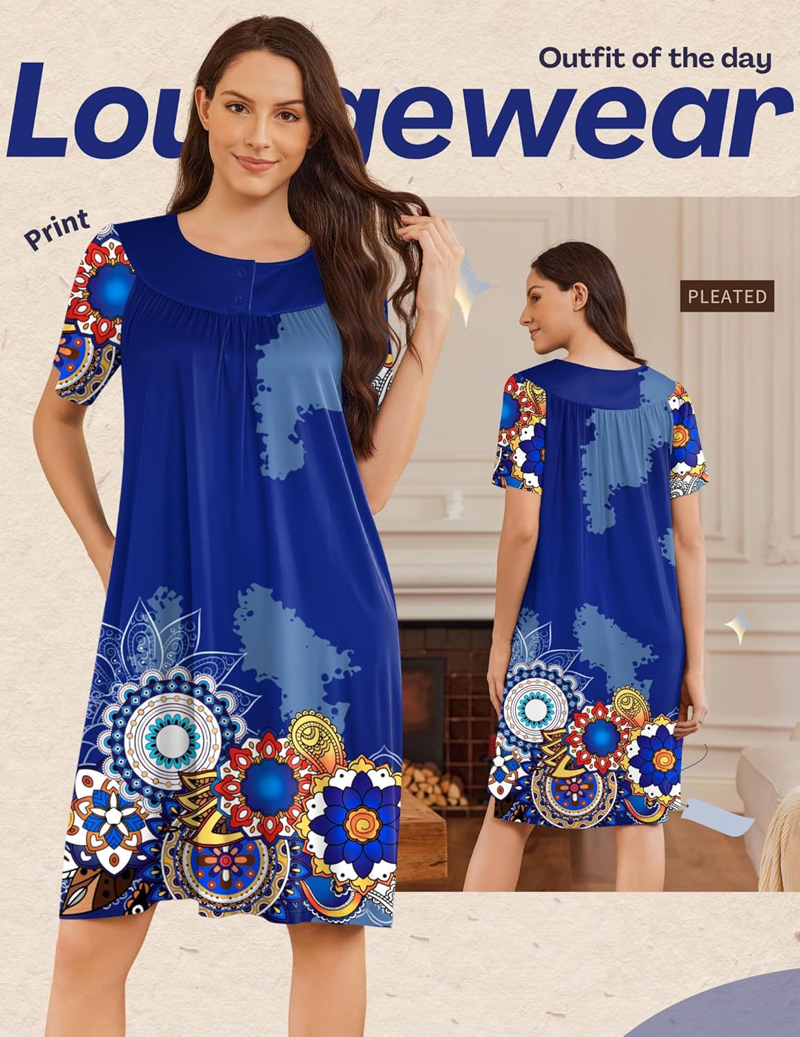 Blue button-front house dress with short sleeves and bold border floral print
