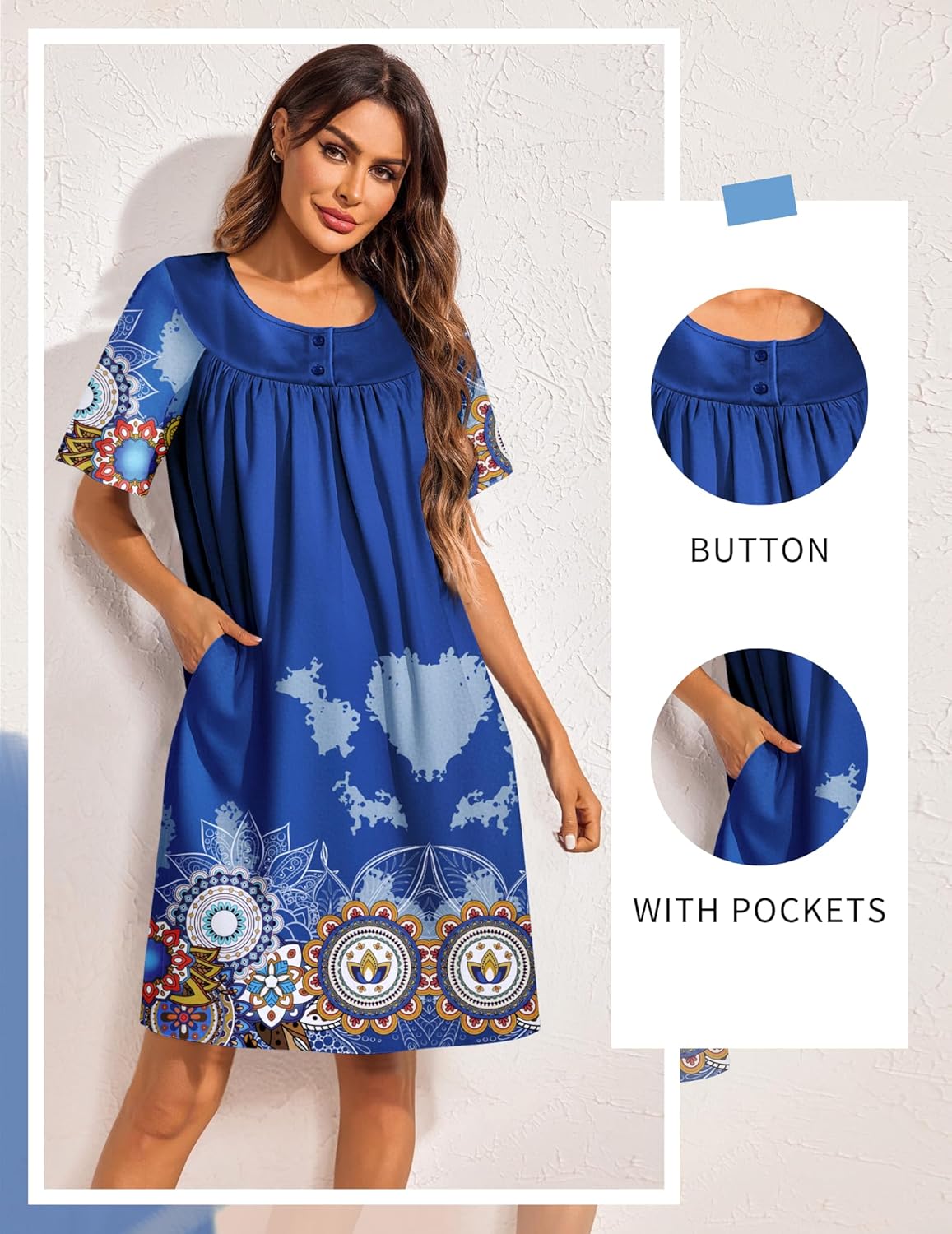 Blue button-front house dress with short sleeves and side pockets, white floral medallion print