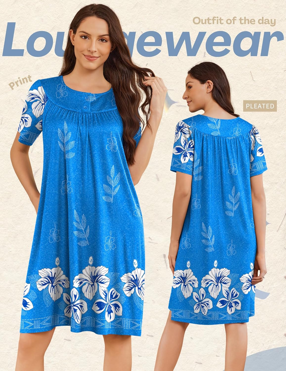 Bright blue floral house dress with short sleeves and gathered button neckline, knee length
