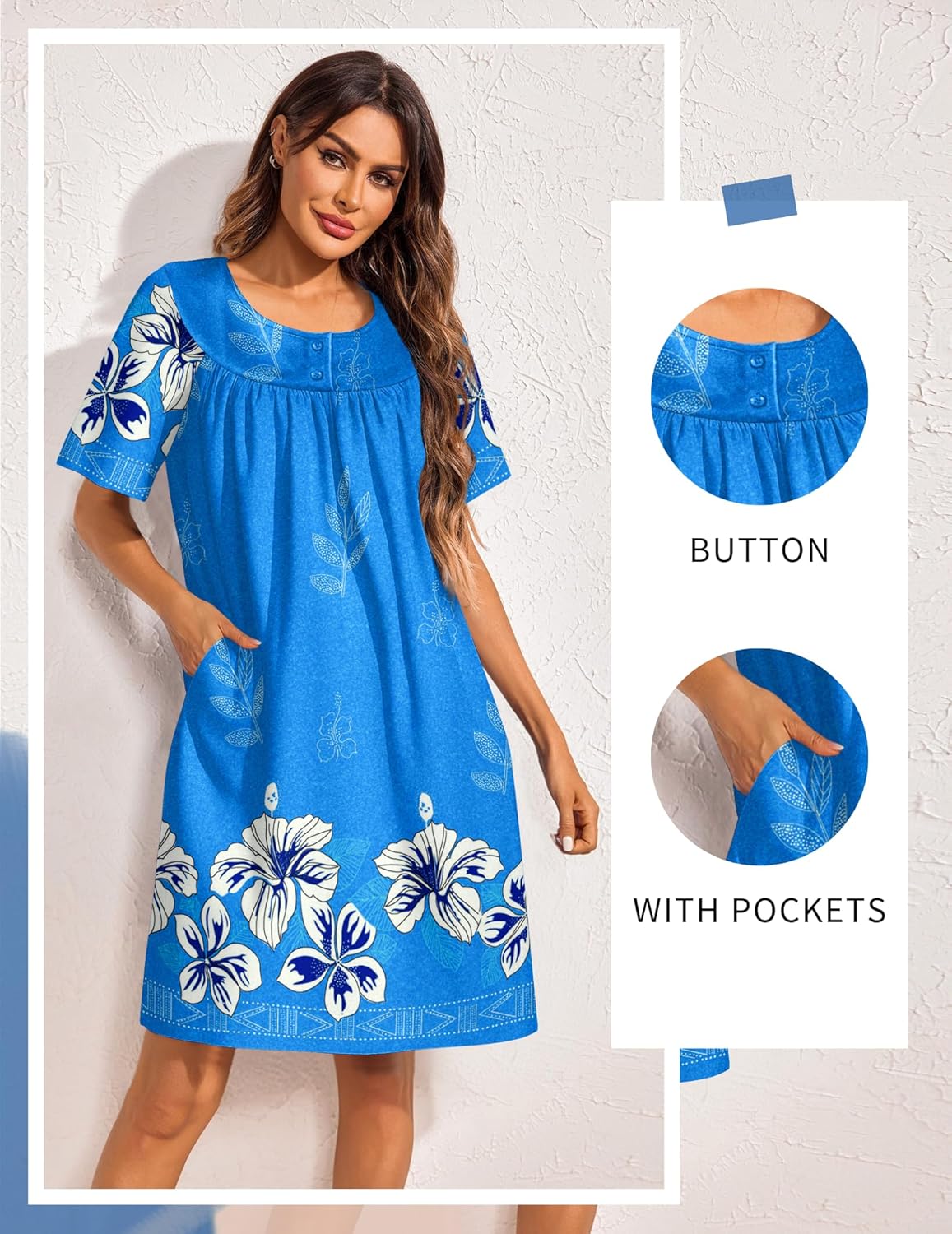 Bright blue floral house dress with button front, short sleeves and side pockets, knee length