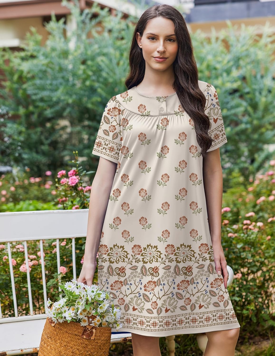 Cream button-front house dress with short sleeves and scattered floral print