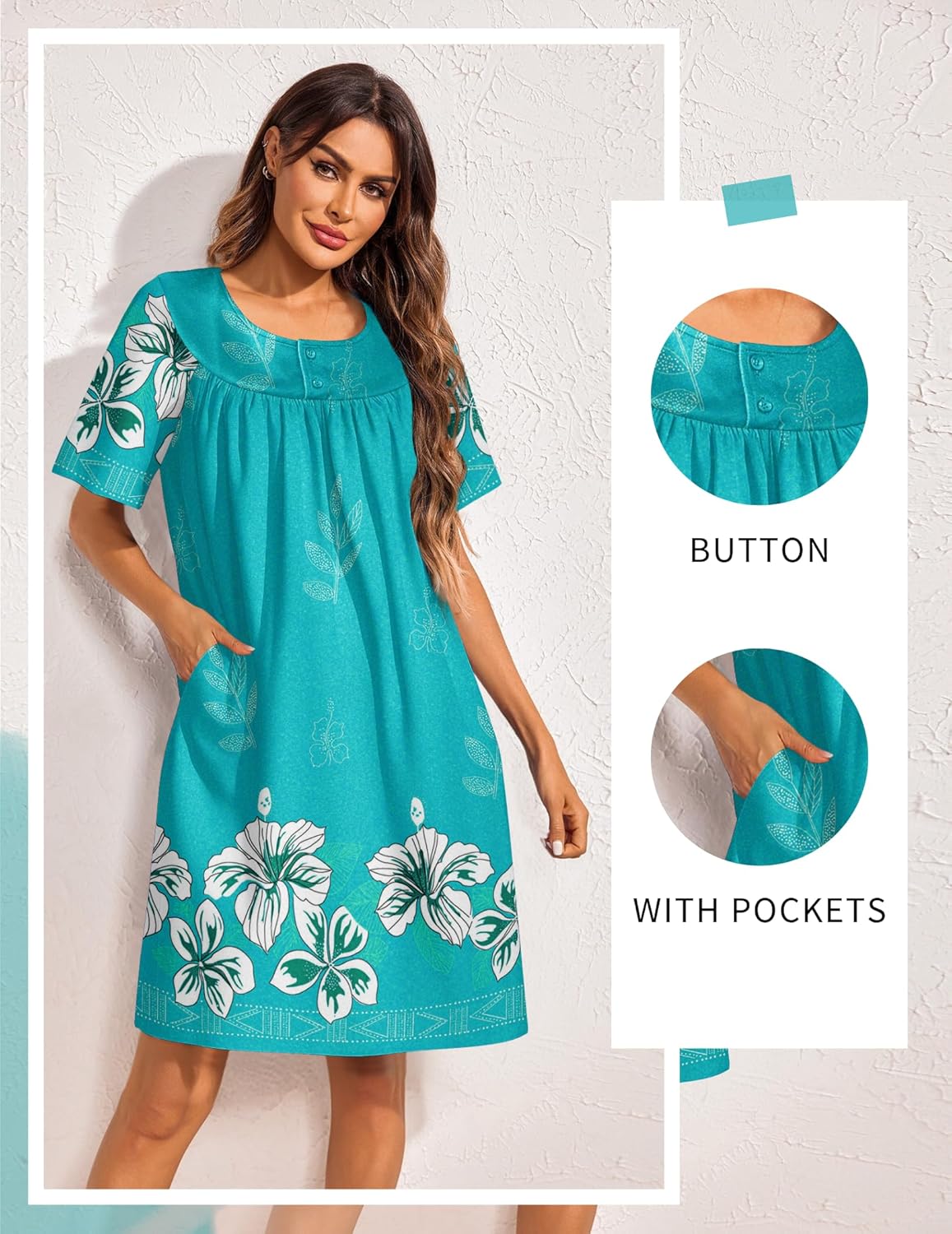 Teal button-front house dress with short sleeves and large leafy floral print