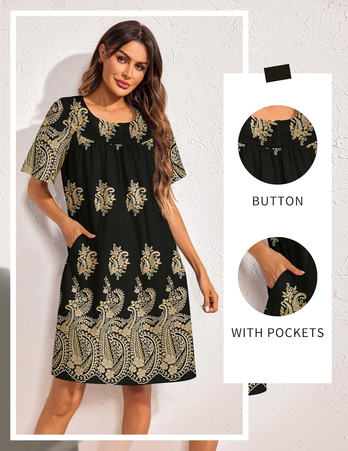 Black button-front house dress with short sleeves and gold ornate floral border print