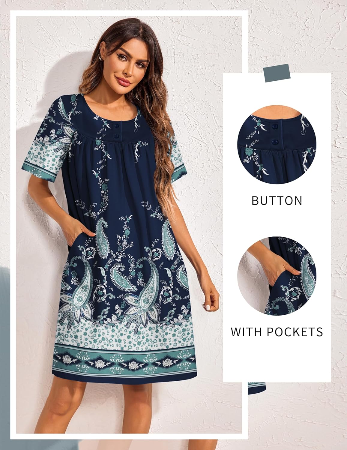 Dark blue button-front house dress with short sleeves and ornate floral panel print