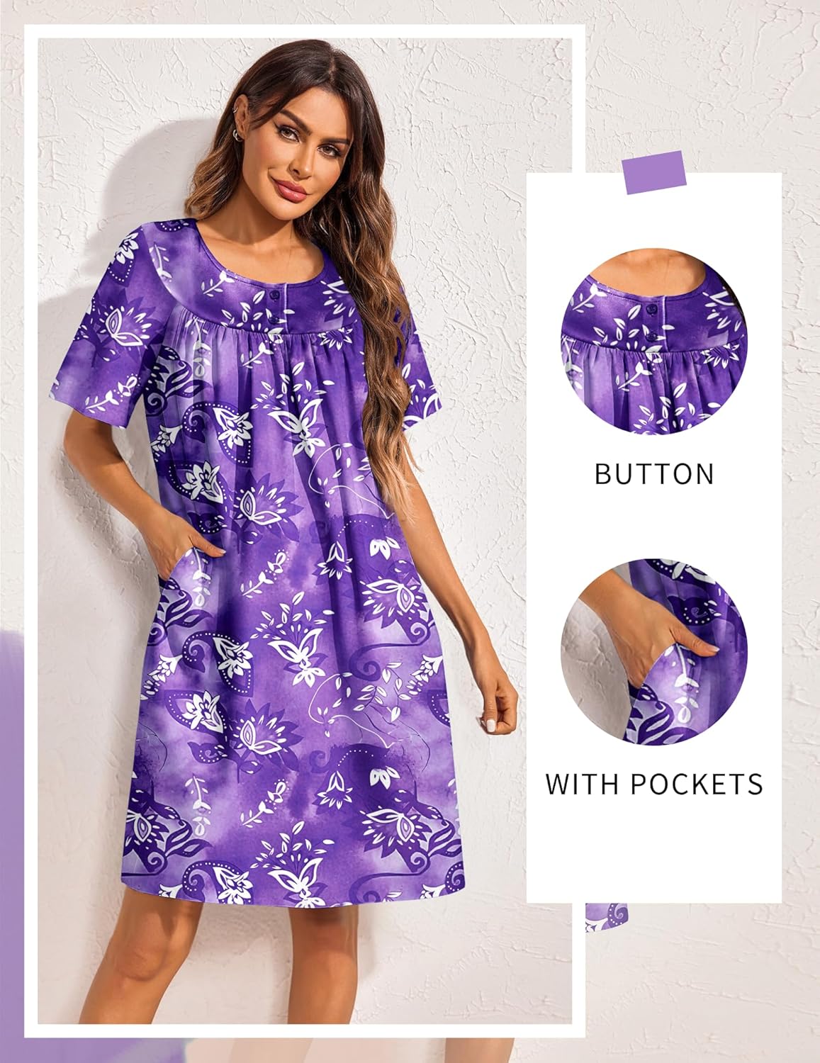 Purple button-front house dress with short sleeves and white floral sprig print