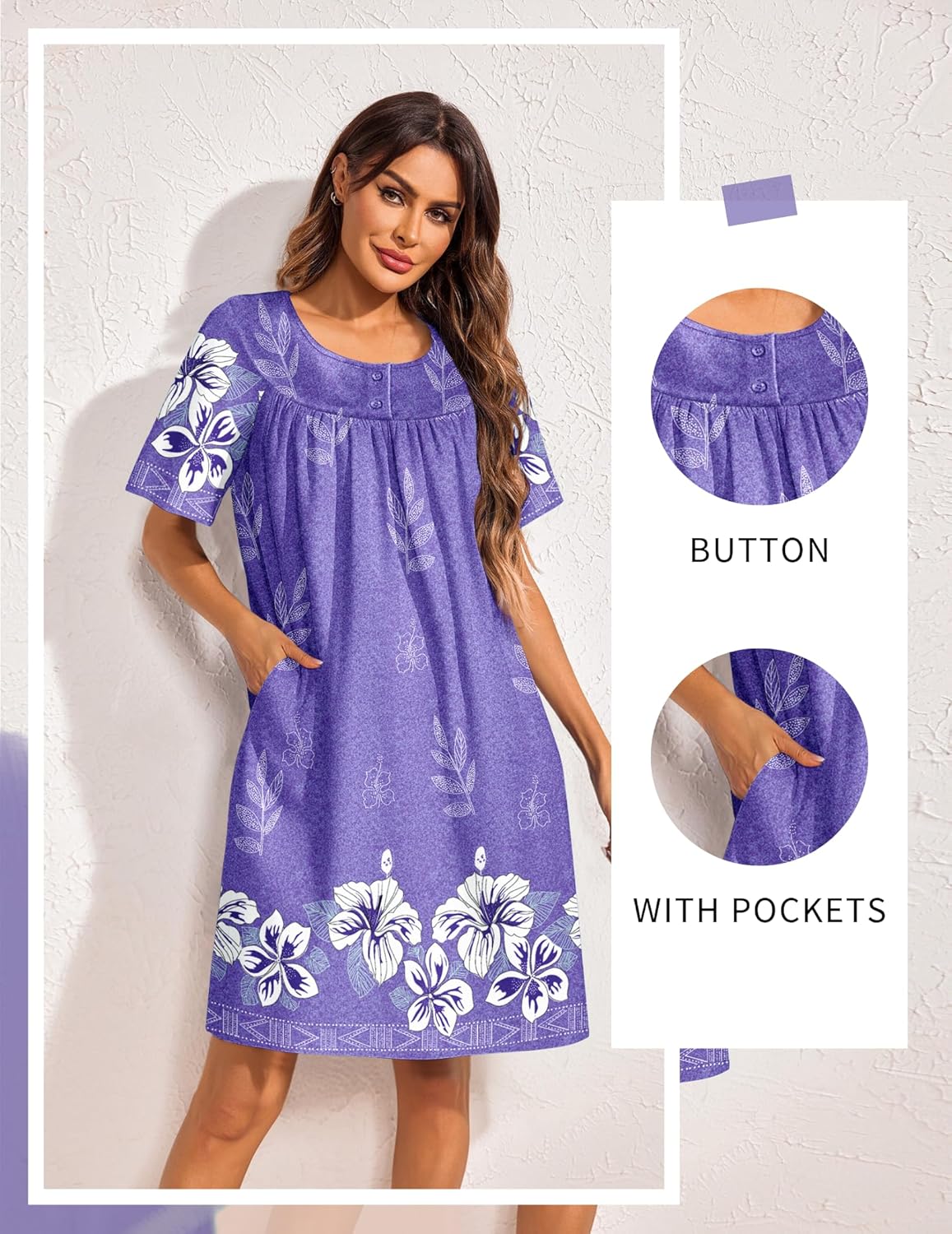 Purple button-front house dress with white floral print, short sleeves, side pockets.