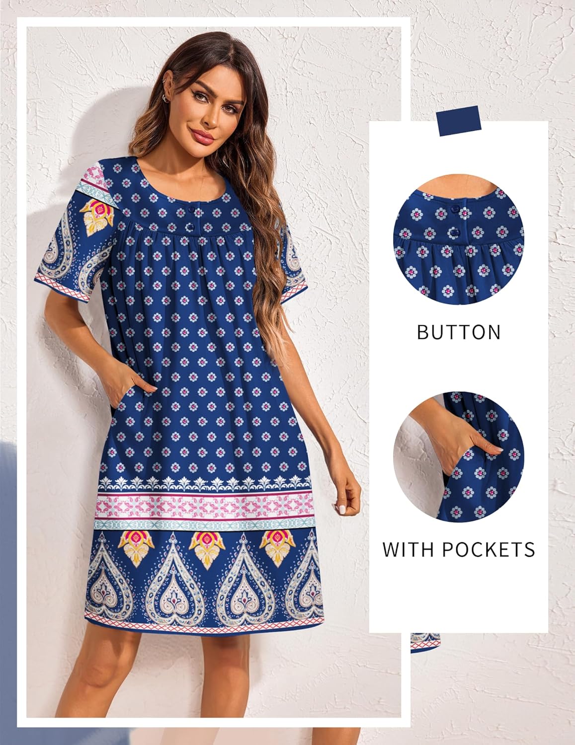Blue button-front house dress with patterned border, short sleeves, side pockets.