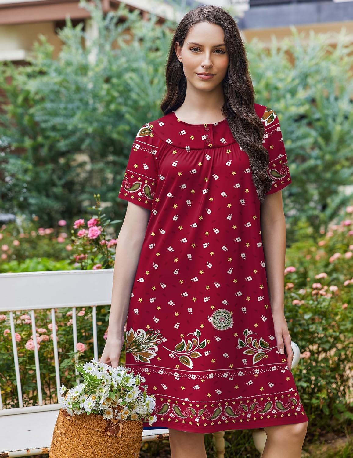 Red button-front house dress with border hem, short sleeves, side pockets.