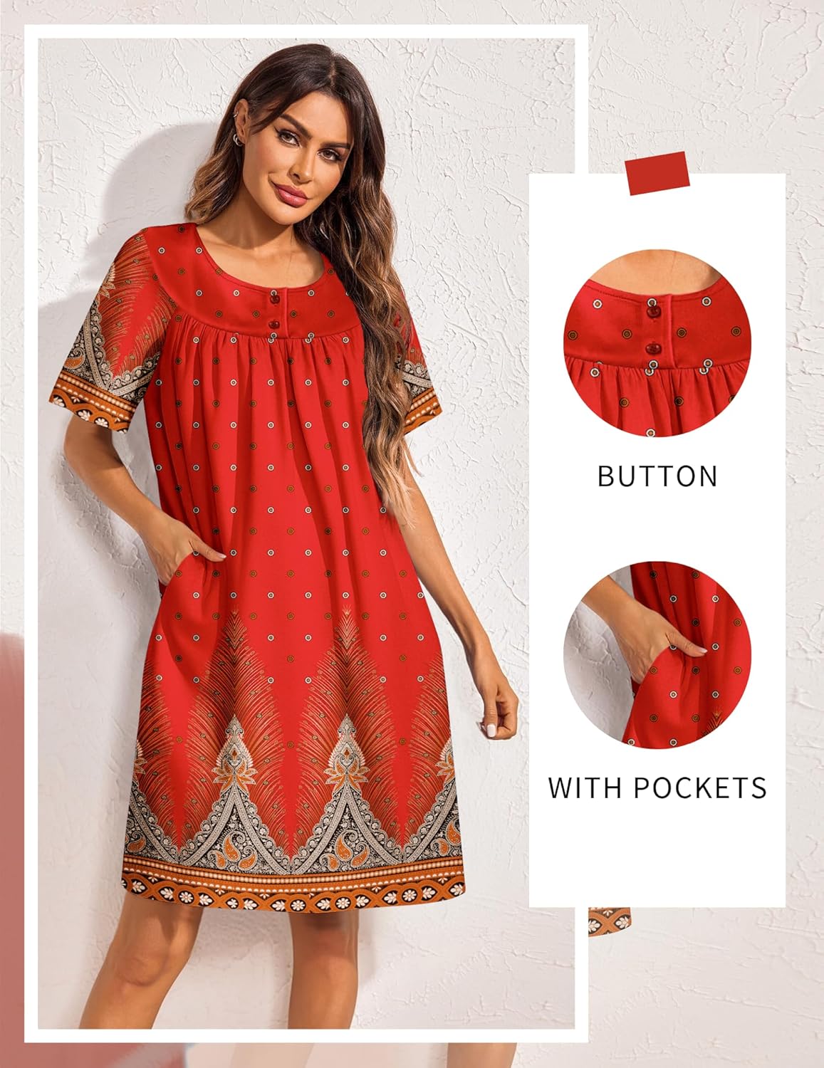 Red button-front house dress with ornate yoke print, short sleeves, side pockets.