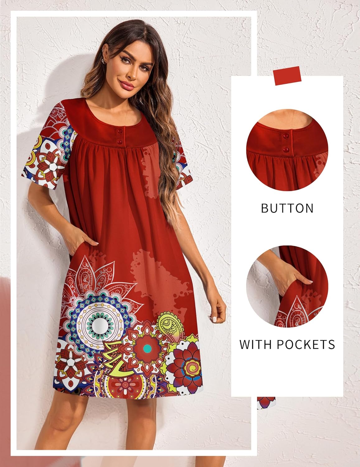 Red medallion house dress with button front, short sleeves and side pockets, knee length