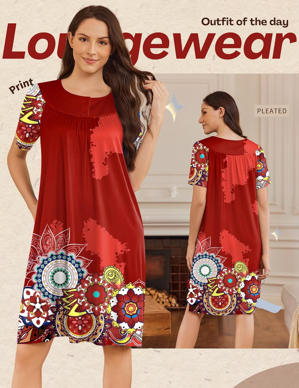 Red medallion house dress with gathered button neckline and short sleeves, knee length